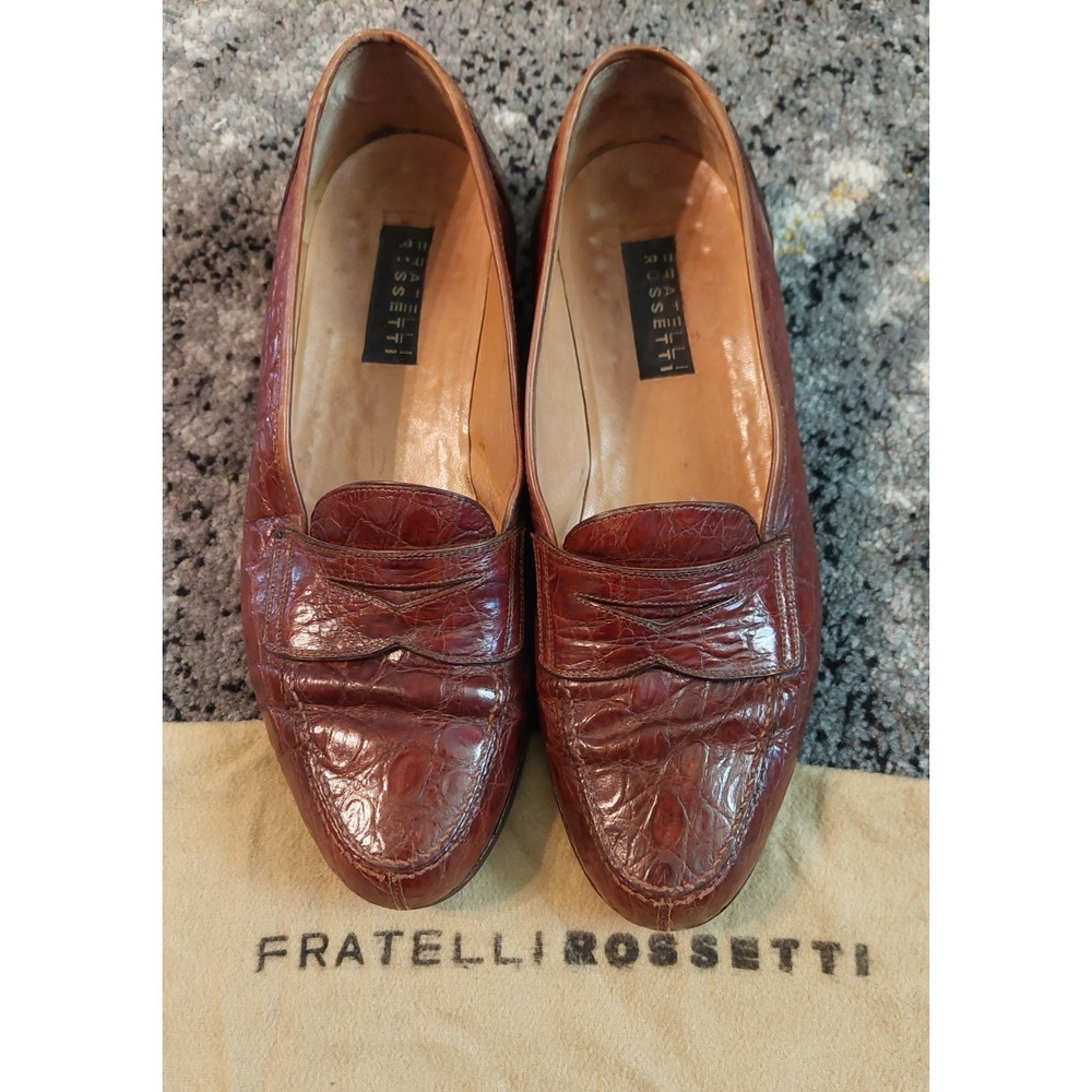 Fratelli Rossetti Crocodile Leather Penny Loafer Shoes Mens US 9.5 Vintage Brown